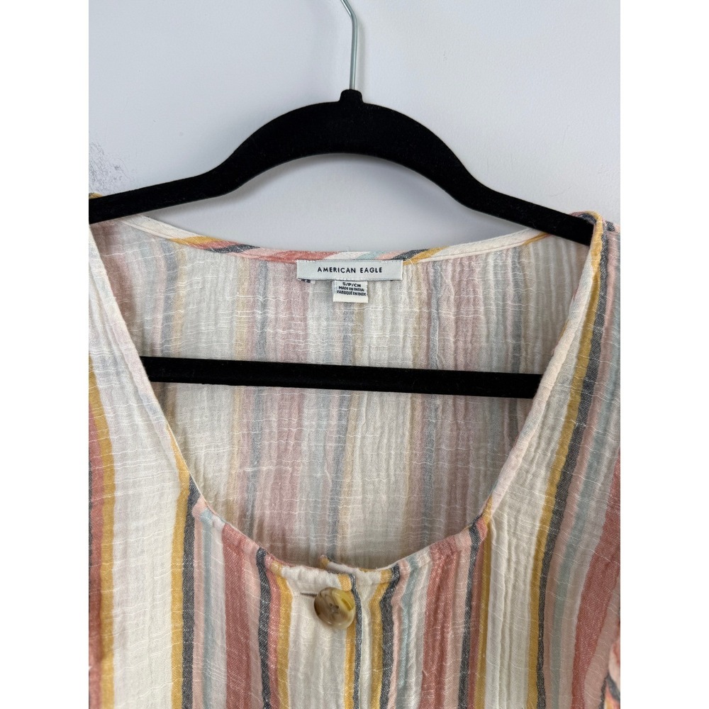 American Eagle Button Front Top Womens Small Multicolor Striped Flutter Sleeve - Picture 2 of 5
